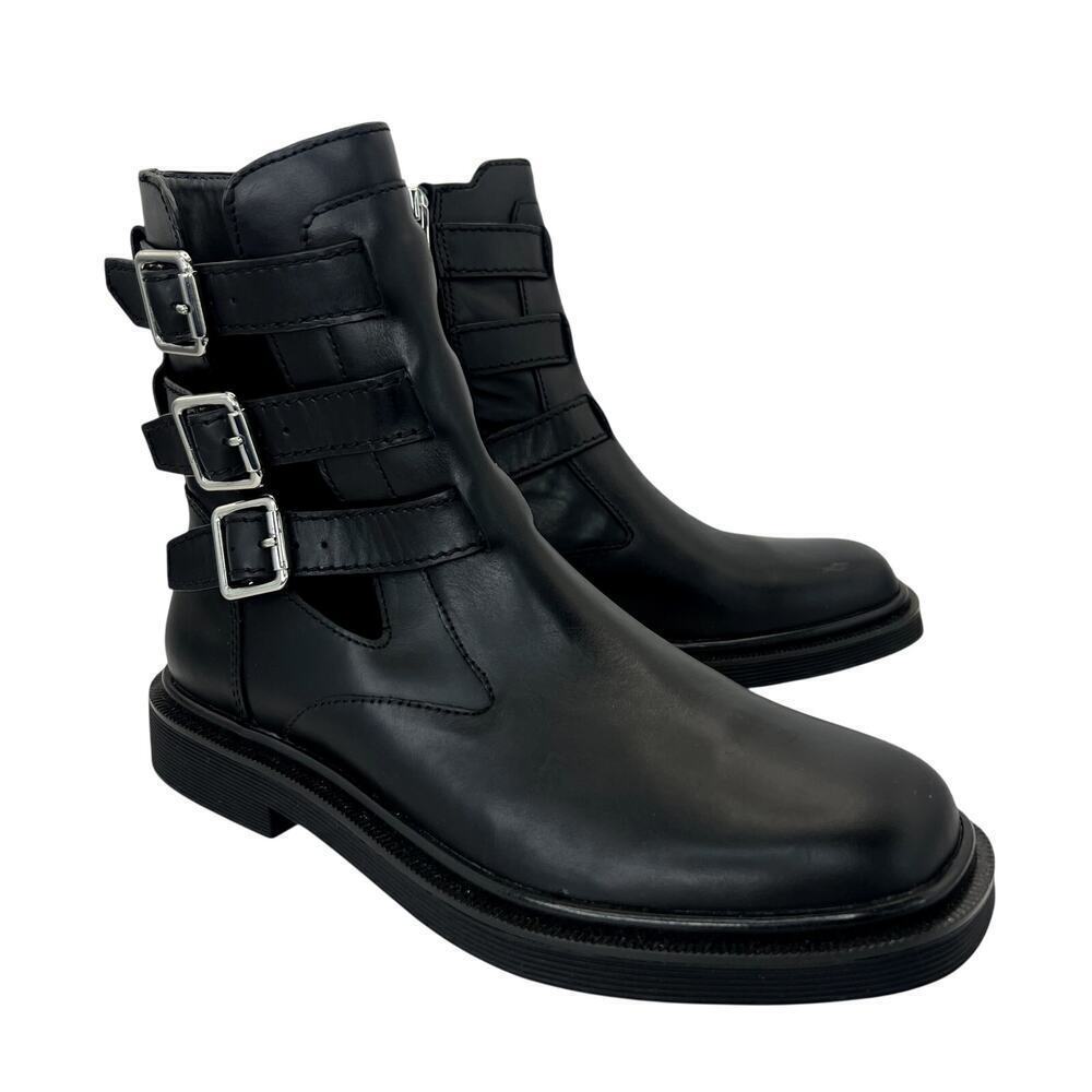 Franco Sarto Argo Boot Black Leather Triple Buckle Cut Out Silver 7.5 NEW Moto